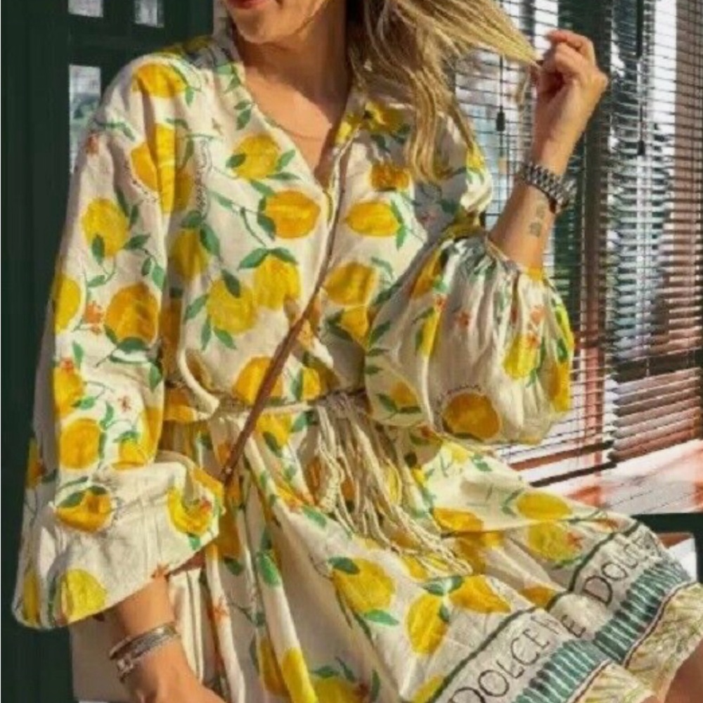 NWOT H&M Dolce Far Riente Lemons Loose Short Cotton Macramé Belted Dress (Large)